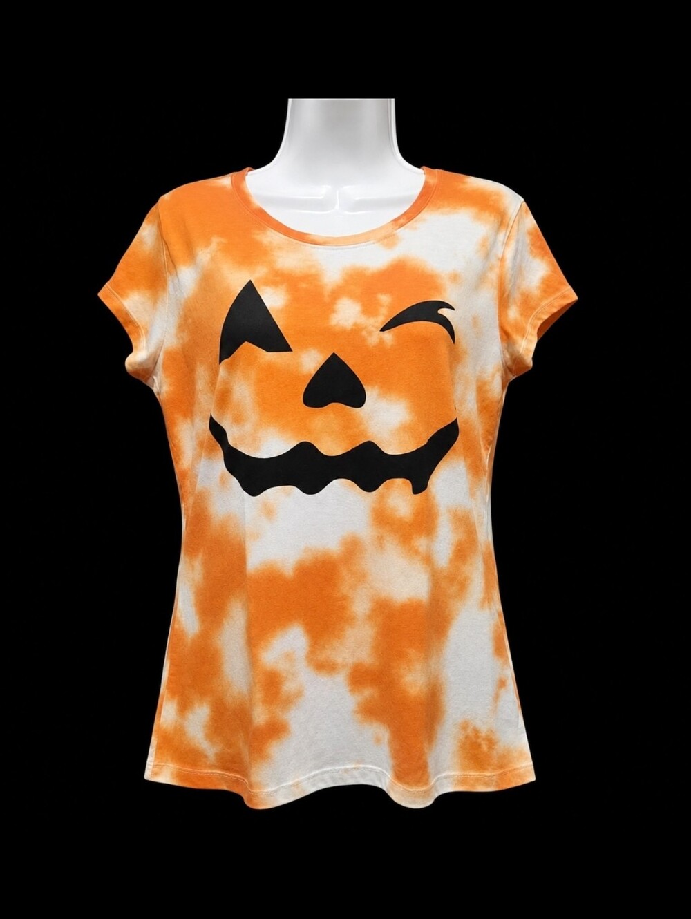 Juniors, 15-17 XL. Orange Tie-Dye Pumpkin Face Tee - Seasonal Short Sleeve